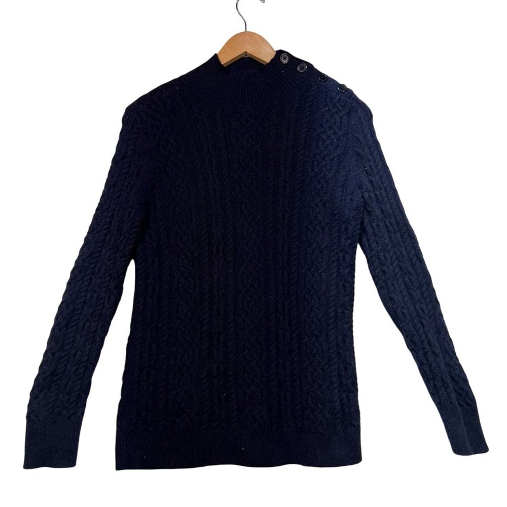 Talbots Womens Cable Knit Sweater Size M Navy Blue Long Sleeve High Neck Casual